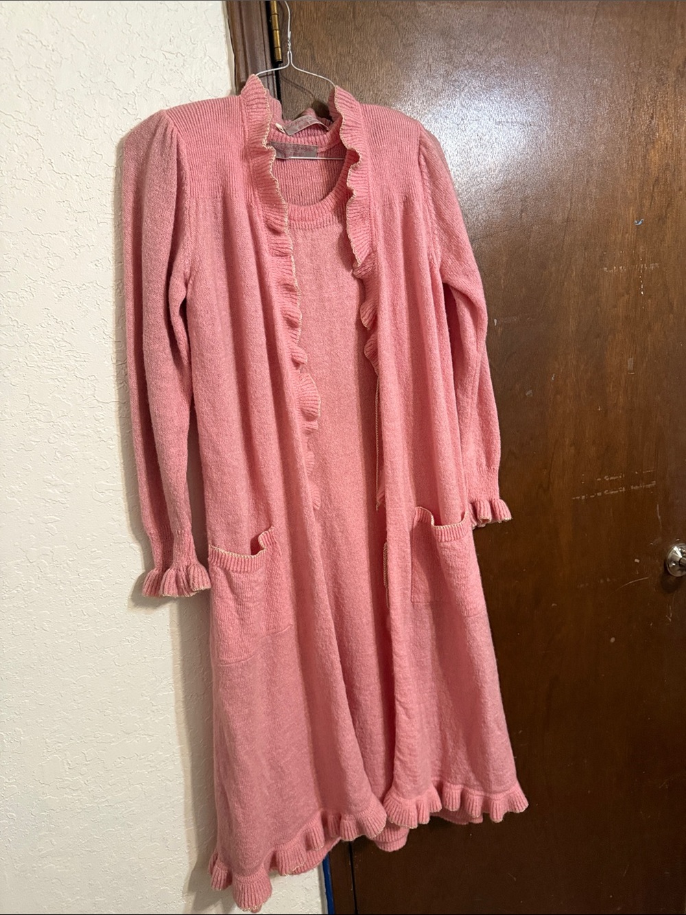 Vintage Pink Ruffle-Trim Knit Dress with Jacket